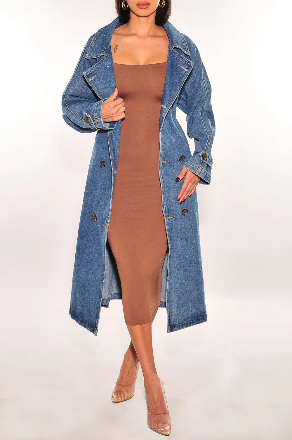 Denim Long Sleeve Collared Button Down Trench Coat