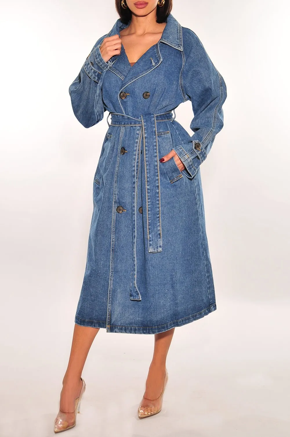 Denim Long Sleeve Collared Button Down Trench Coat