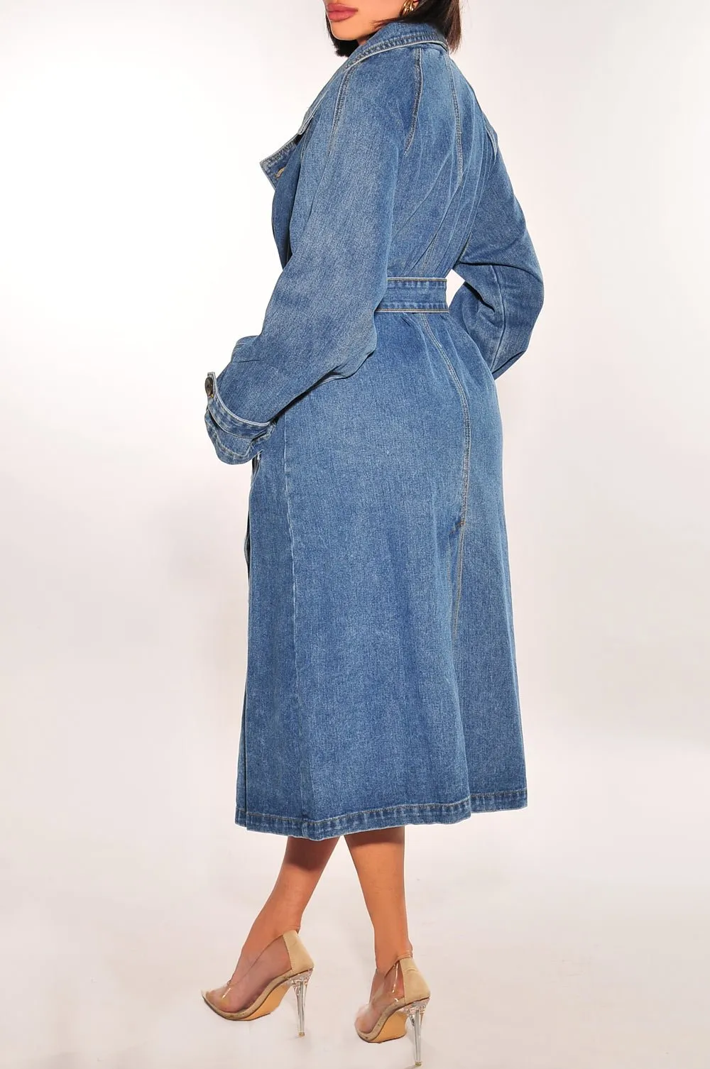 Denim Long Sleeve Collared Button Down Trench Coat