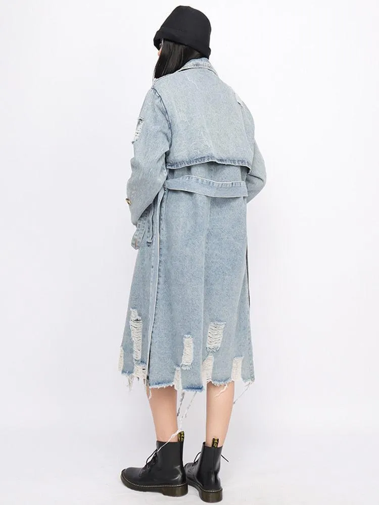 Distressed Denim Trench Coat