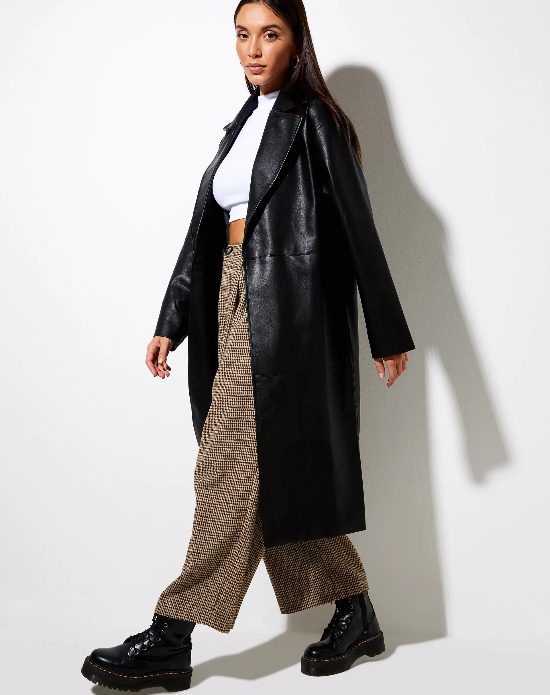 Duster Longline Coat in Pu Black