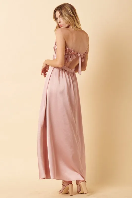 Dusty Mauve Satin Ruffle Bust With Tie Back Maxi Dress