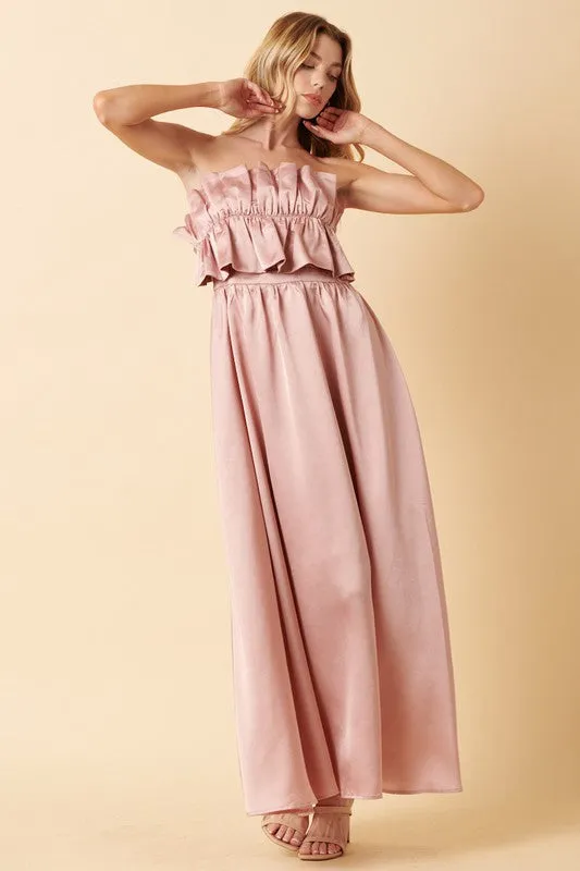 Dusty Mauve Satin Ruffle Bust With Tie Back Maxi Dress