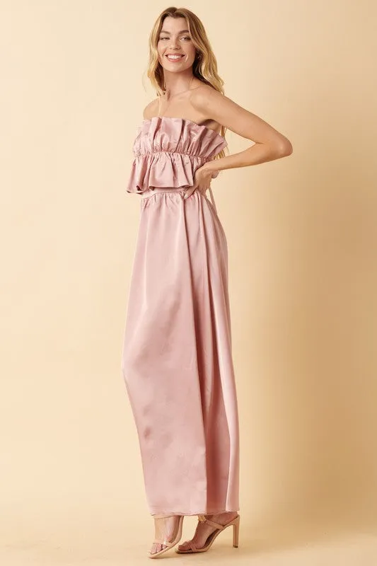 Dusty Mauve Satin Ruffle Bust With Tie Back Maxi Dress