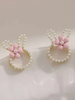 Easter Bunny Earrings with Pearls and a Dainty Flower