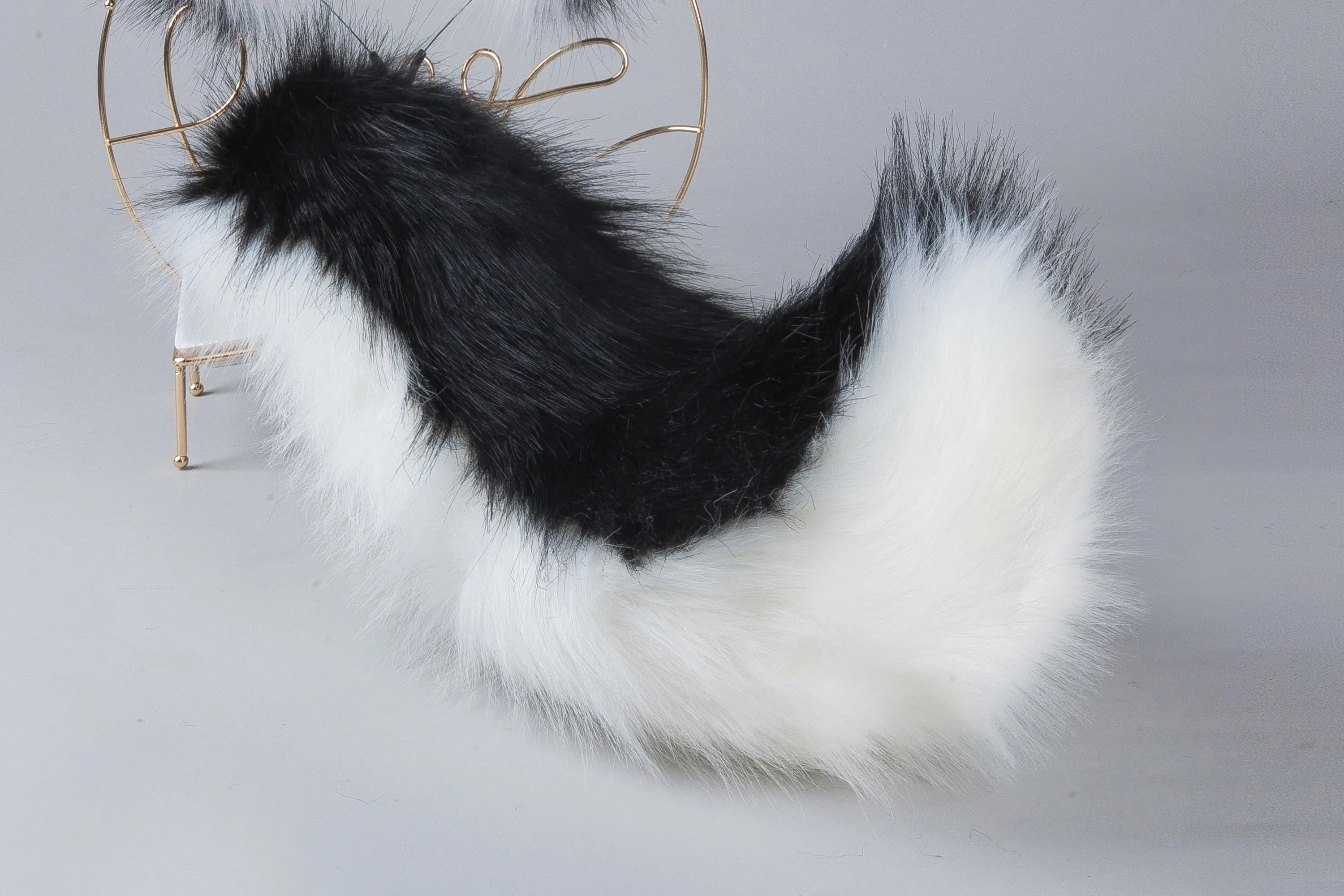 faux fur fox tail plug and ear set black white Curvy wolf tail butt plug and ear cat tail buttplug and ear neko ear Halloween gift