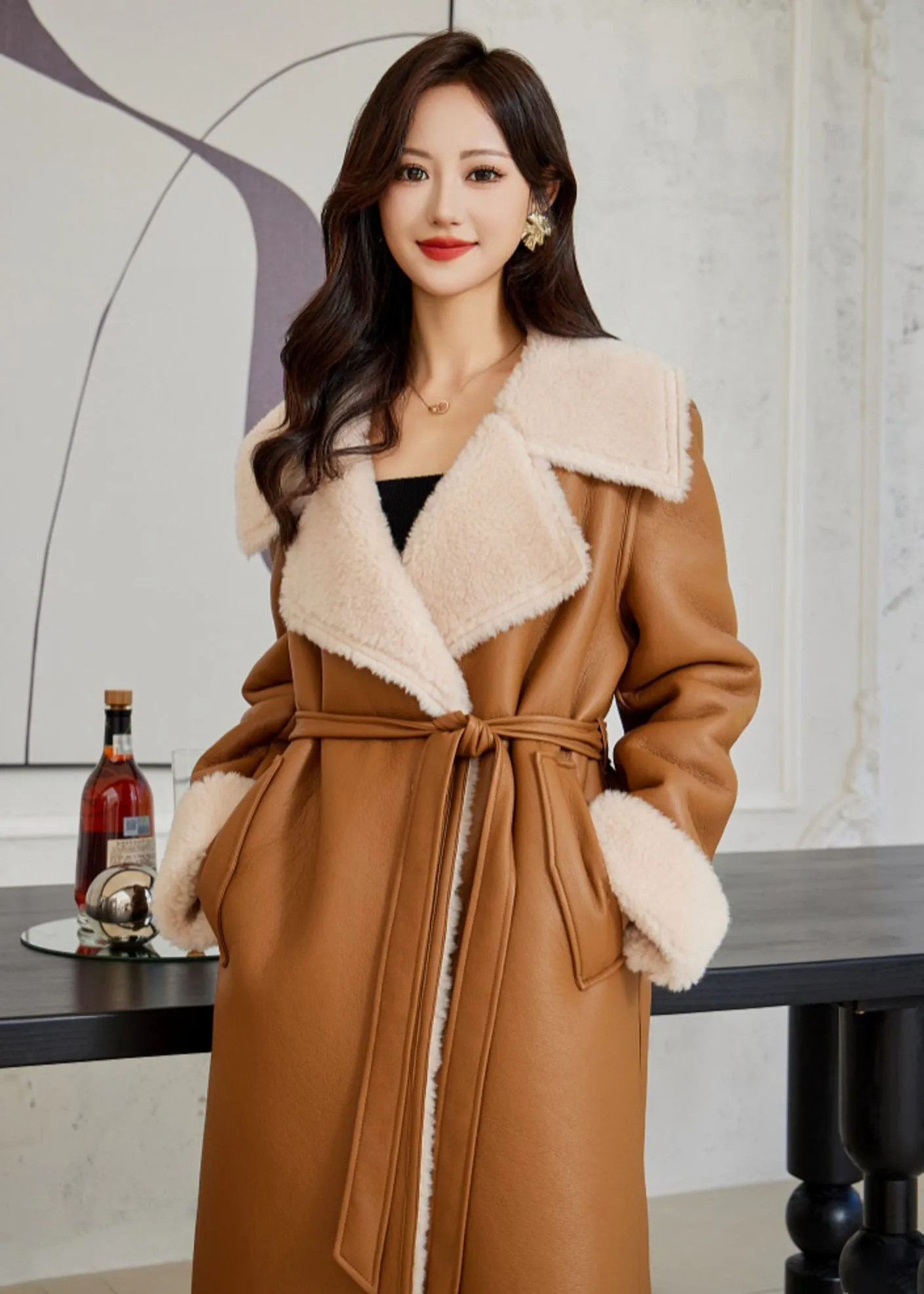 Faux Leather Wool Fur Single Breasted Long Coat