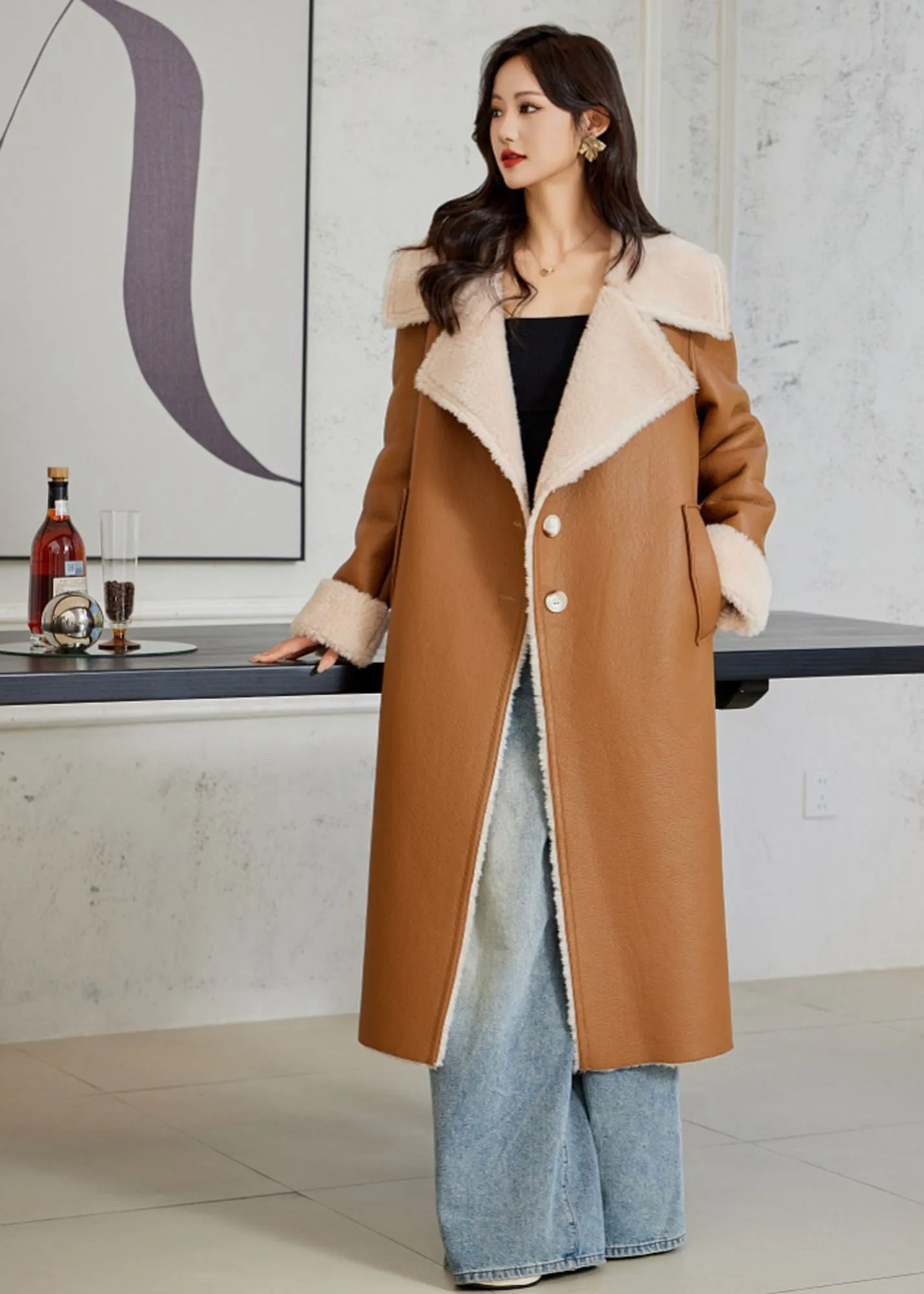 Faux Leather Wool Fur Single Breasted Long Coat