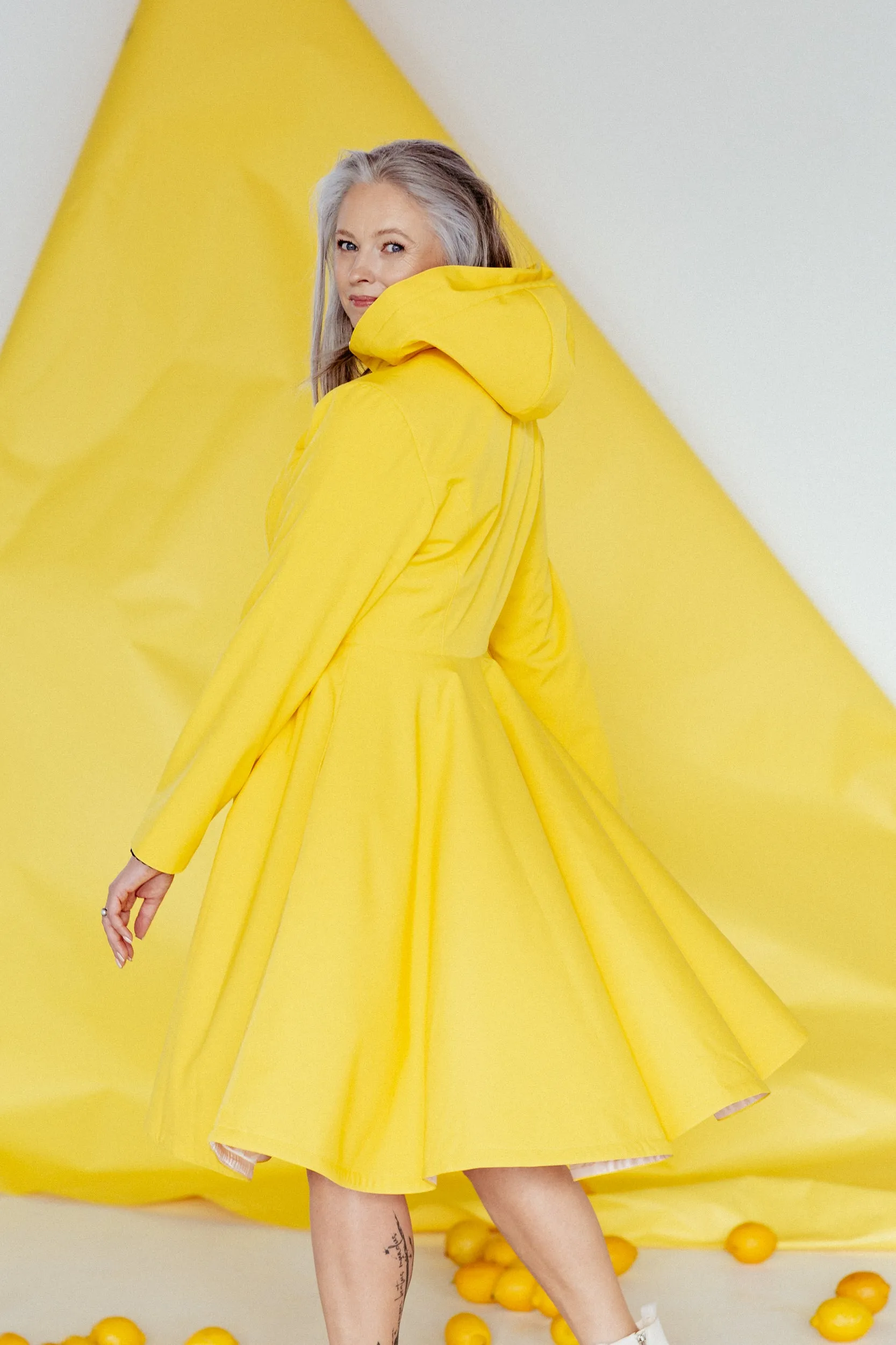 Fitted and Flared Coat with Full Circle Skirt in Bright Yellow | 'Yellow Sun'