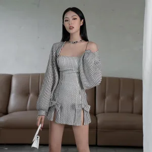 Flytonn-Fall Outfits Women Outwear Streetwear  fashion outfits Autumn Fashion Trendy Women's Clothing New Strap off-Shoulder Slim Hip Striped Dress