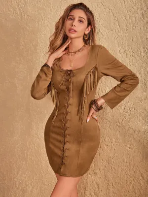 Fringe Lace Up Square Neck Long Sleeve Mini Dress | Western Dress | Mini Dress