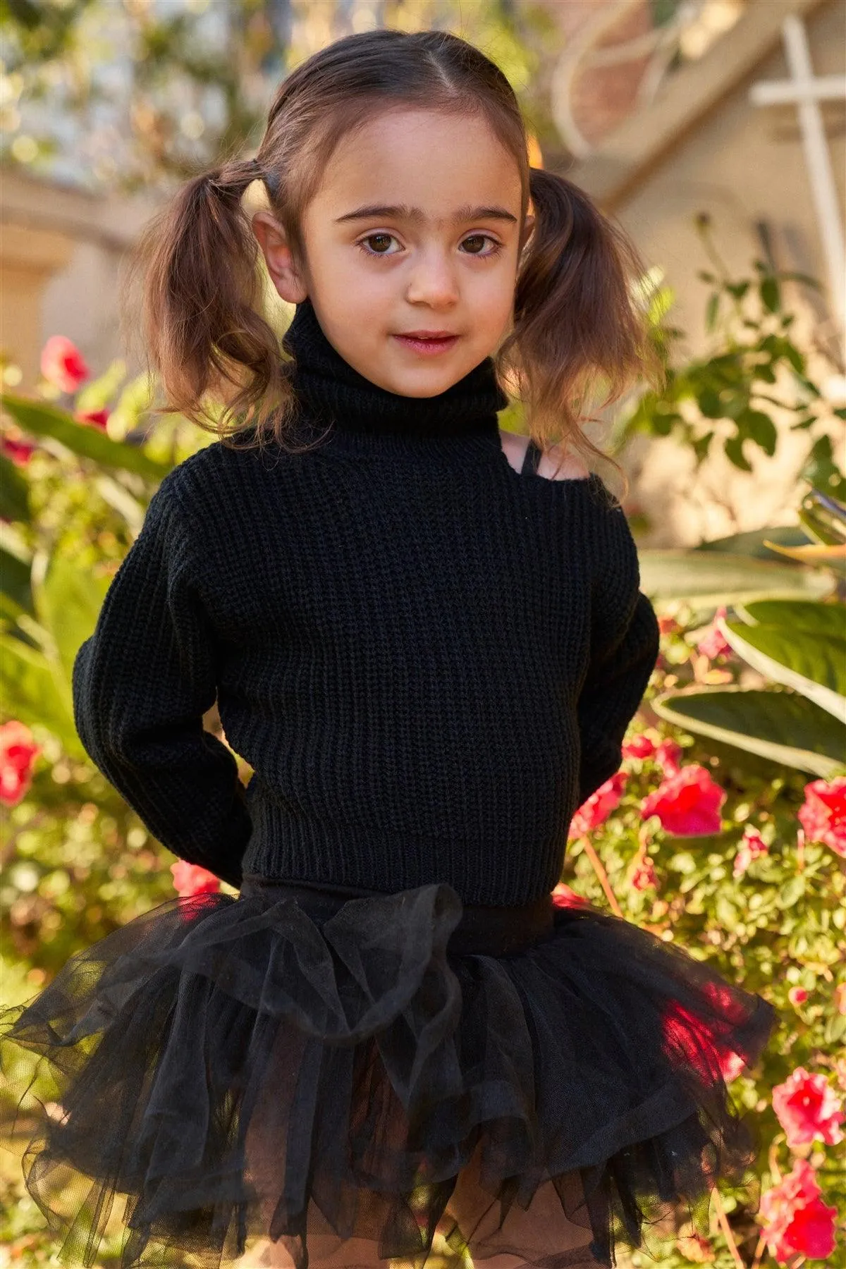 Girls Black Ribbed Knit Cut-Out Shoulder Detail Long Balloon-Y Sleeve Turtleneck Sweater /1-2-2-1-1