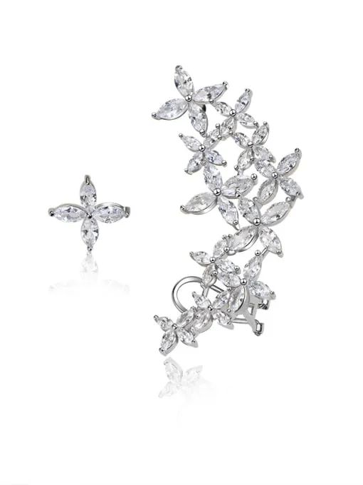 Glam Ear Cuff Earrings, .925 Sterling Silver Diamond CZ Flower Luxe Event Long Ear Cuff Earrings