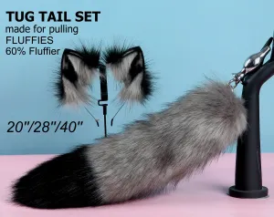 gray black tug tail plug and ear set fluffy fox tail butt plug and ear wolf tail buttplug sex toy bdsm cat tail plug bondage petplay