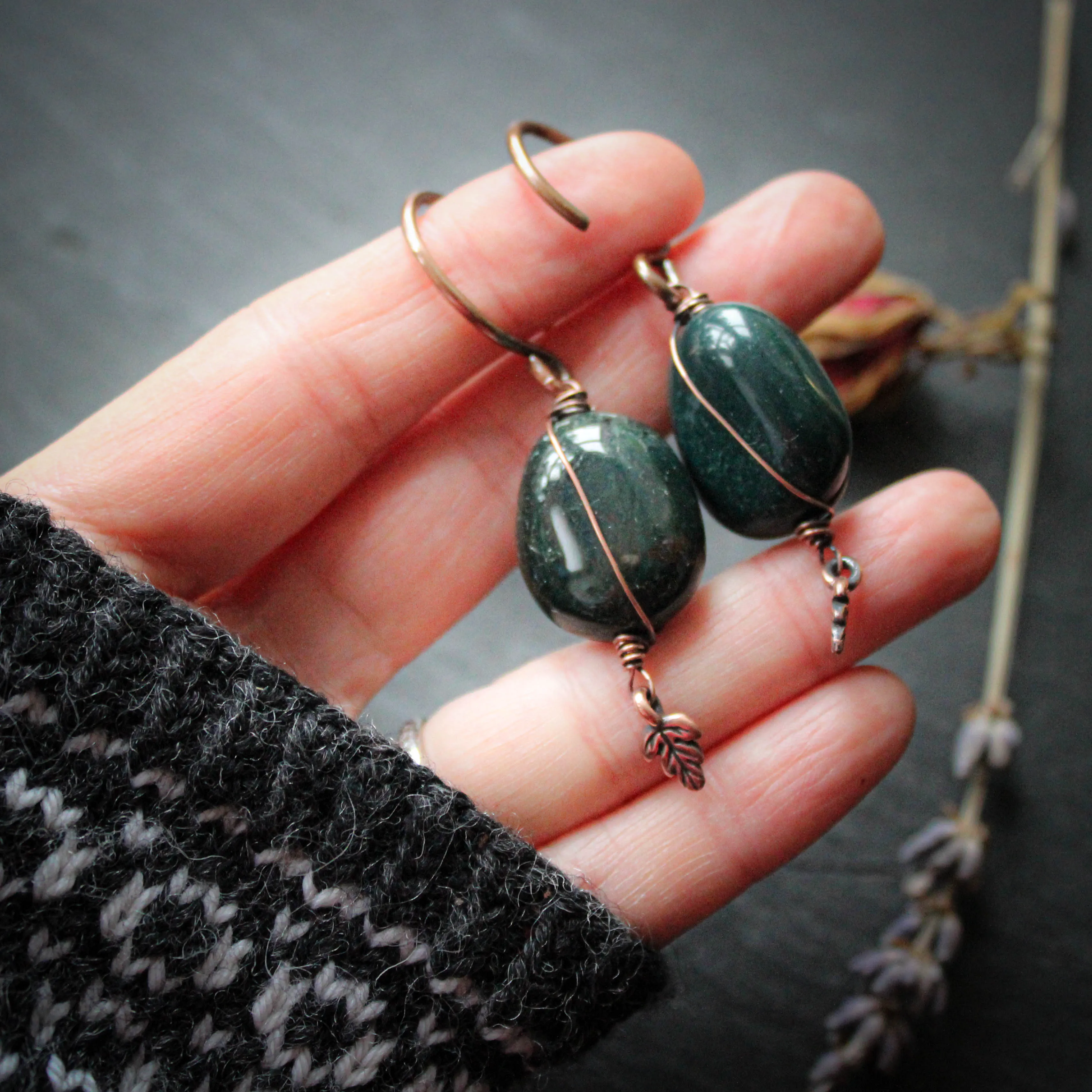 Greenwoman Hangers in Bloodstone and Copper. 16g.