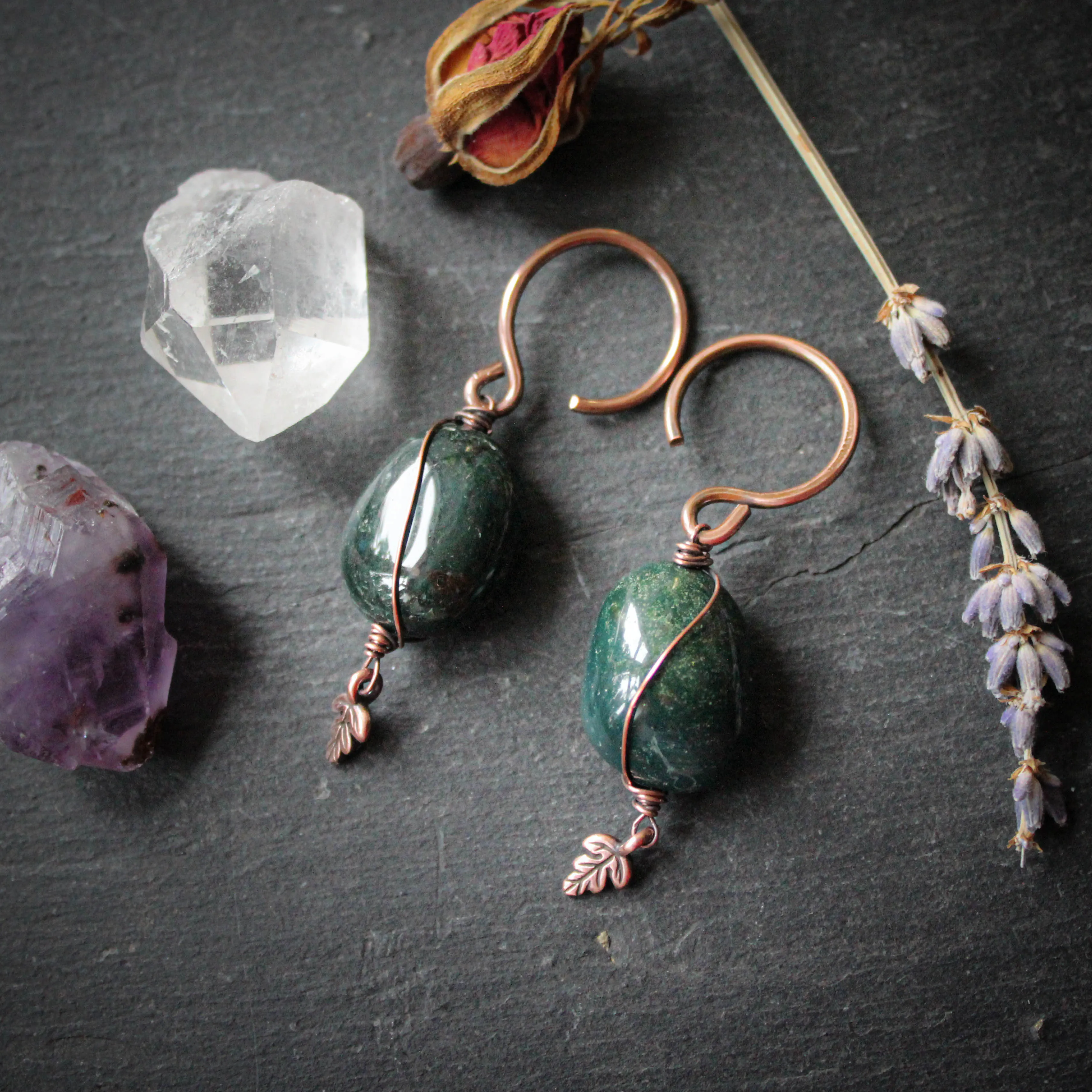 Greenwoman Hangers in Bloodstone and Copper. 16g.