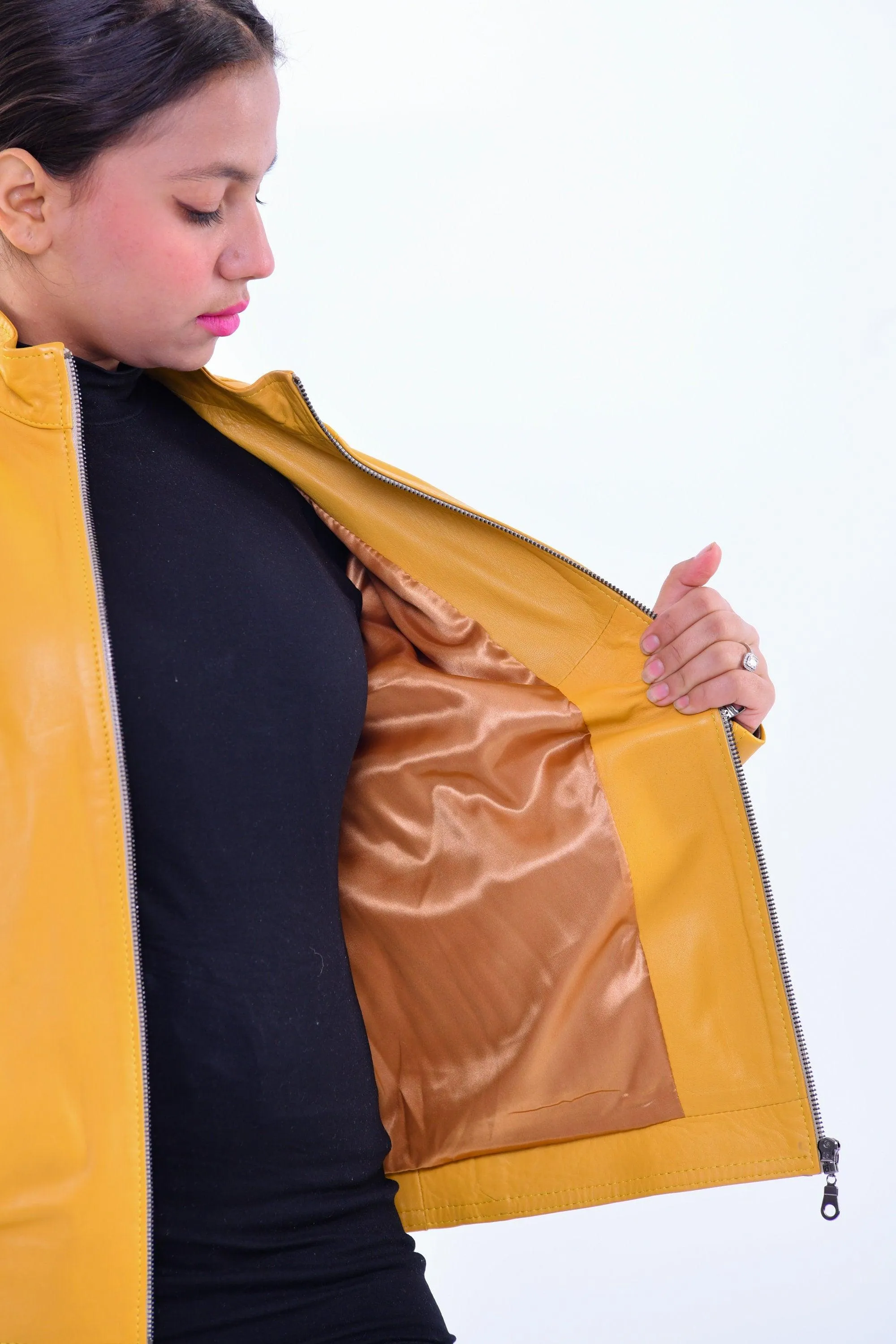 Handmade Women genuine leather biker jacket slim fit yellow | Made in Morocco