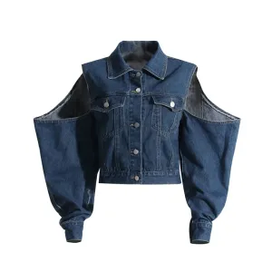 Hollow Out Off Shoulder Fashion Denim Jackets For Women Lapel Long Sleeve Spliced Single Breasted Short Coats Female Style