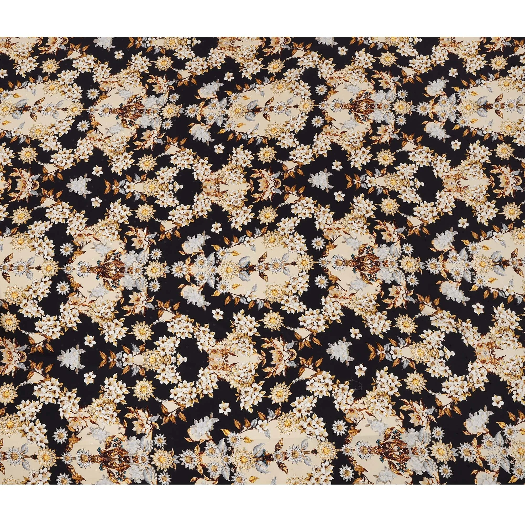 Italian Silk Satin Fabric with Elegant Floral Design on Black and Cream Background – 150 cm Width-D20331