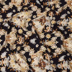 Italian Silk Satin Fabric with Elegant Floral Design on Black and Cream Background – 150 cm Width-D20331