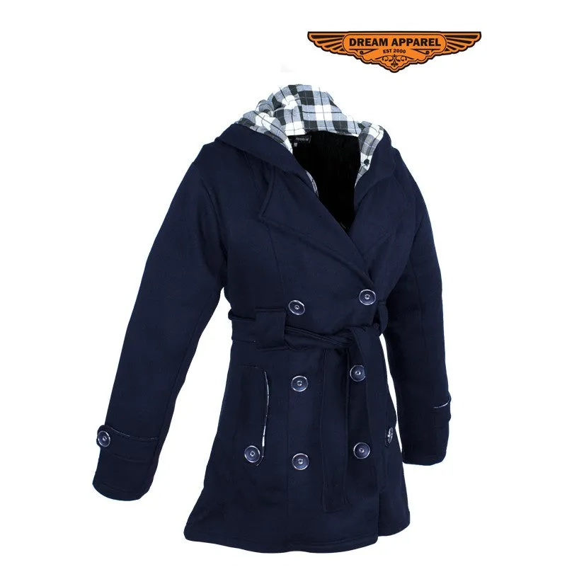 Ladies Navy Button Up Coat W/ Belt and Removable Hood