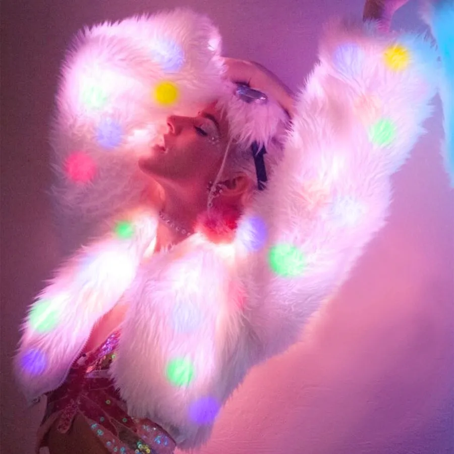 Limited Edition - LED Light Faux Fur Jacket - Flashing Rainbow Party