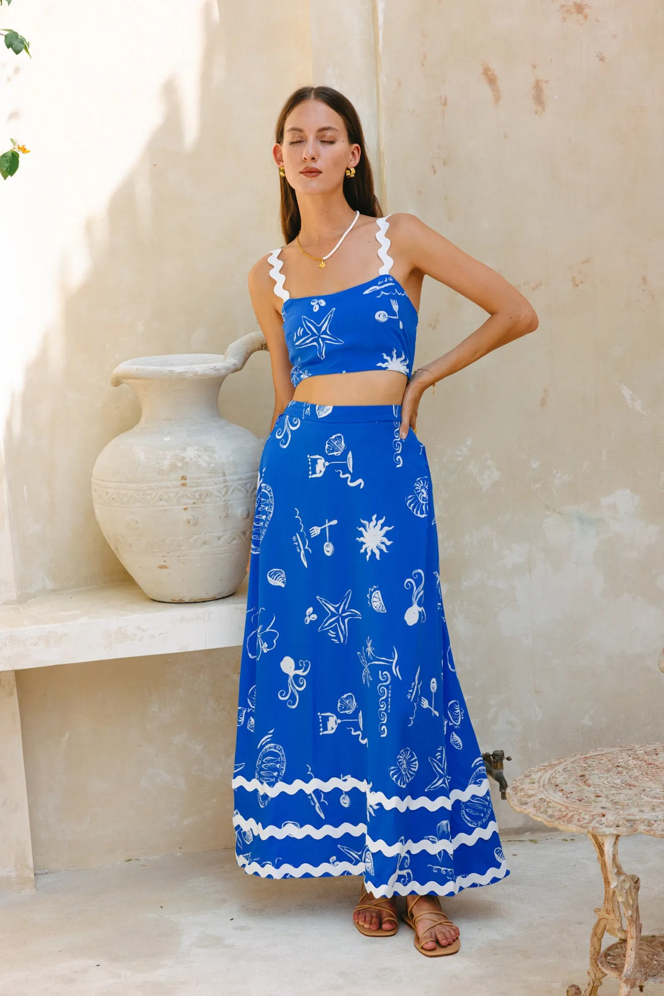 Mariselle Blue Ocean Abstract Ric Rac Maxi Skirt