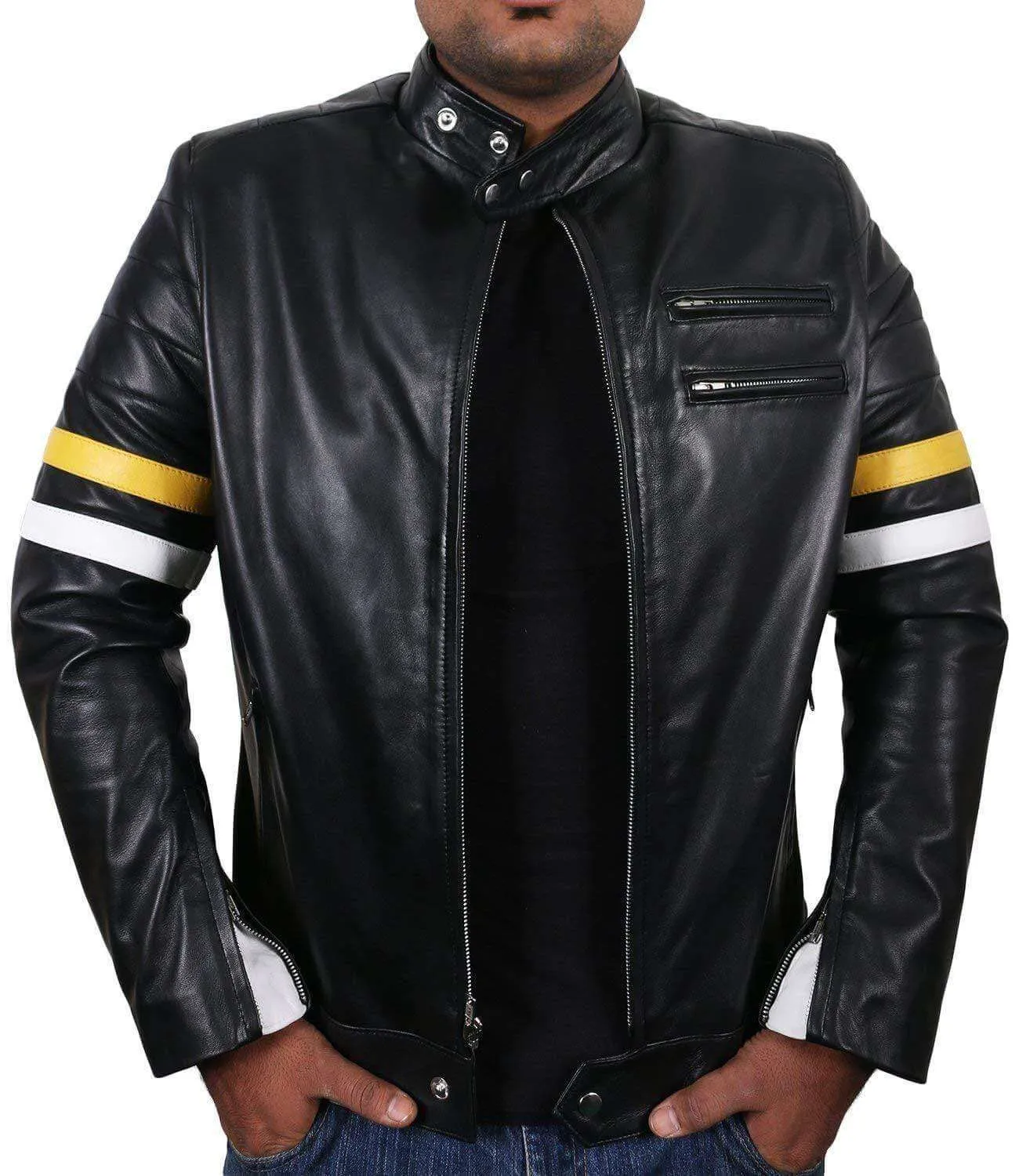 Men Genuine Lambskin Black Leather Tan White Stripped Jacket Slim fit Biker Motorcycle Design jacket