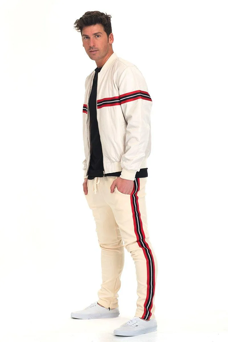 Mens Beige Striped Track Set Pants Jacket