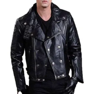 Men's Biker Leather Jacket, Men's Fashion Black Motorcycle Zipper Studs Jacket