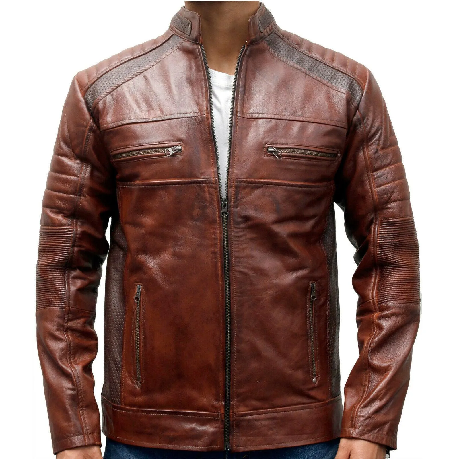 Men's Biker Vintage Motorcycle Bikers Brown Distressed Leather Cafe Racer Jacket Active