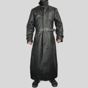 Men's Black Genuine Leather Full Length shirt style collar Long Belted Coat