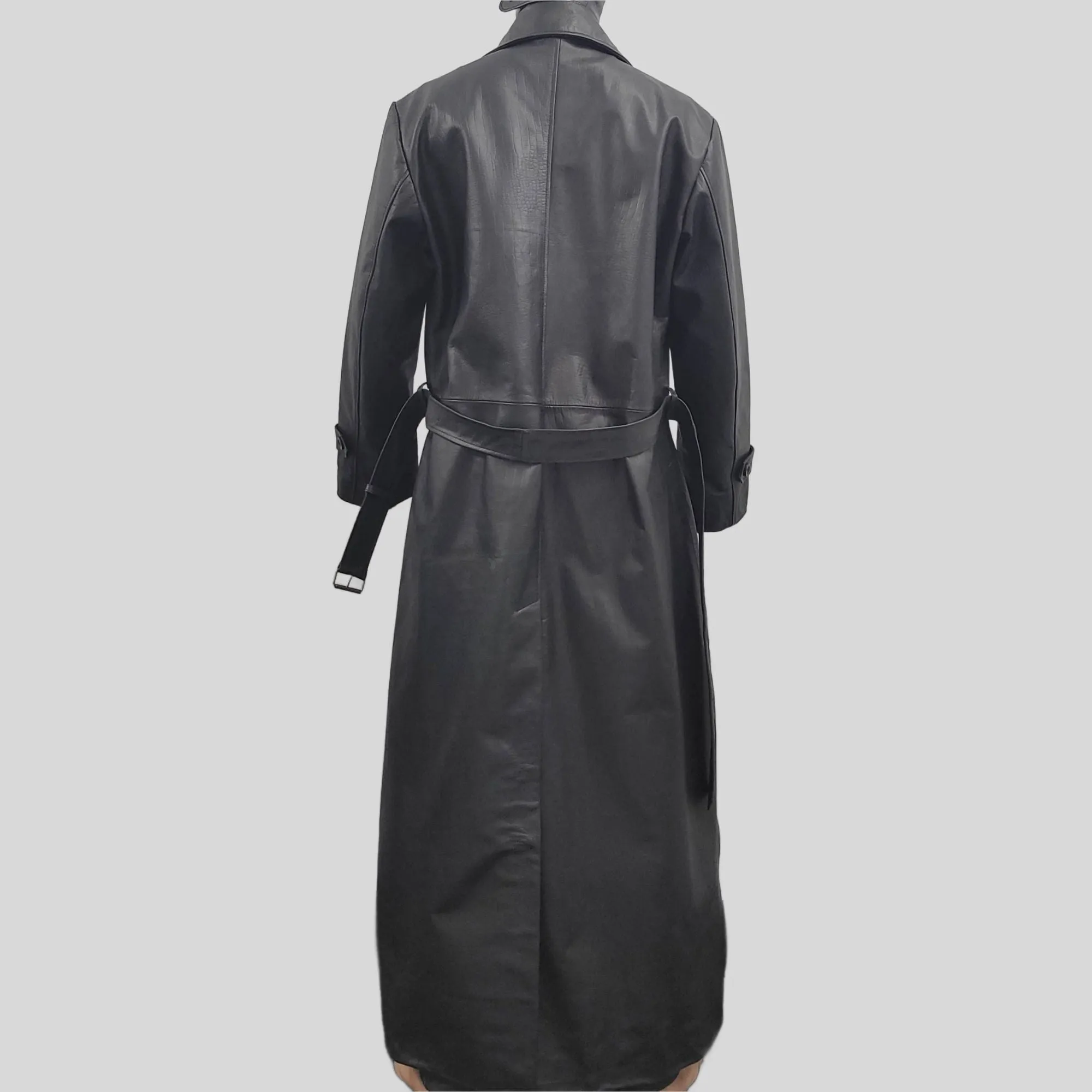 Men's Black Genuine Leather Full Length shirt style collar Long Belted Coat