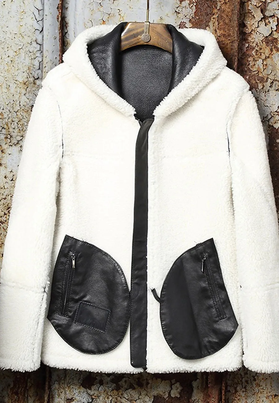 Men’s Black Leather White Shearling Hooded Jacket