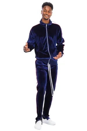 Mens Blue White Velour Track Set Zip Front Jacket Pants