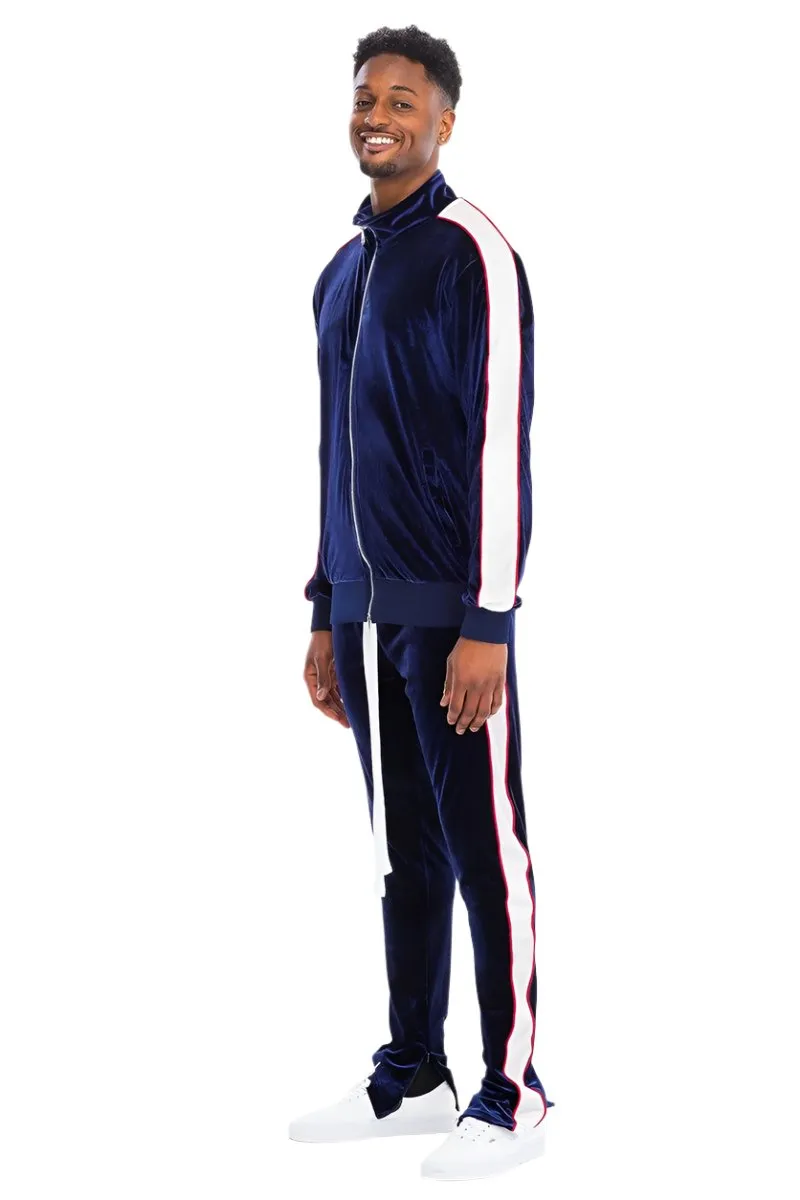 Mens Blue White Velour Track Set Zip Front Jacket Pants