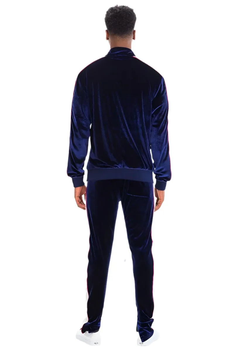 Mens Blue White Velour Track Set Zip Front Jacket Pants