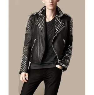 Men's Casual Black Silver Studded Rocker Punk Style Biker Leather Jacket