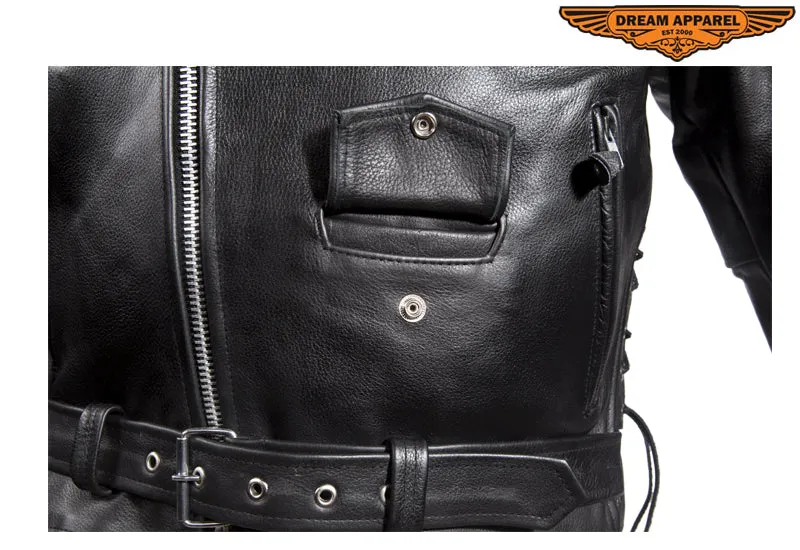 Mens Classic Police Style Motorcycle Jacket With Side Laces, Super soft Naked Cowhide Leather