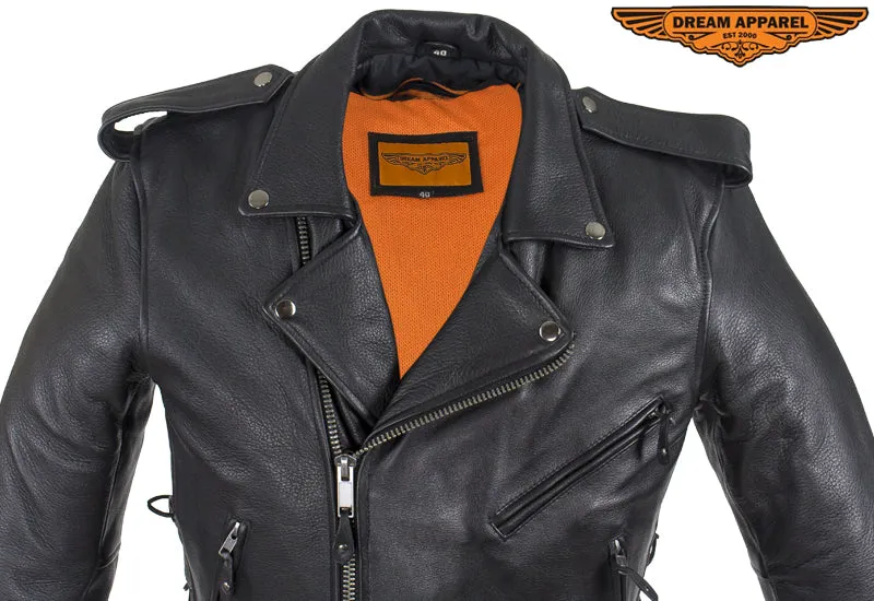 Mens Classic Police Style Motorcycle Jacket With Side Laces, Super soft Naked Cowhide Leather