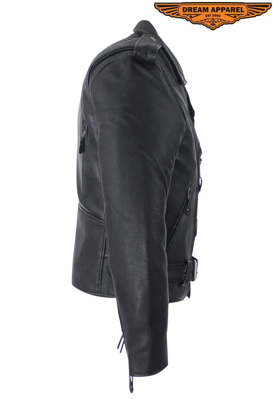 Mens Classic Police Style Motorcycle Jacket With Side Laces, Super soft Naked Cowhide Leather