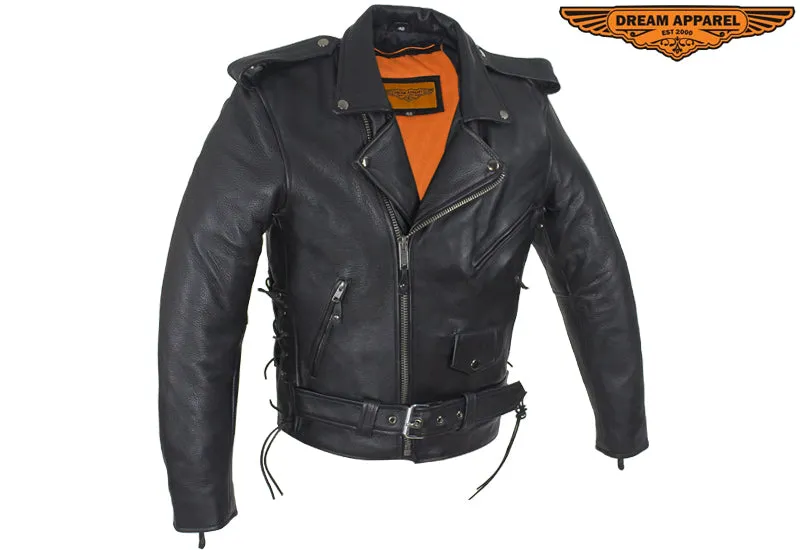 Mens Classic Police Style Motorcycle Jacket With Side Laces, Super soft Naked Cowhide Leather