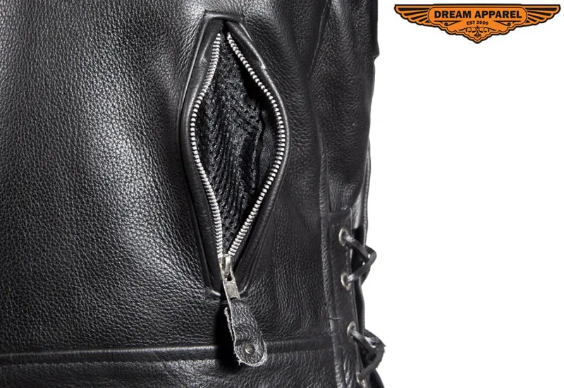 Mens Classic Police Style Motorcycle Jacket With Side Laces, Super soft Naked Cowhide Leather