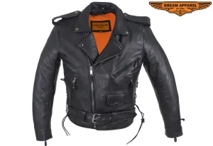 Mens Classic Police Style Motorcycle Jacket With Side Laces, Super soft Naked Cowhide Leather