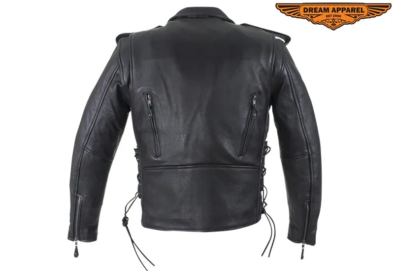 Mens Classic Police Style Motorcycle Jacket With Side Laces, Super soft Naked Cowhide Leather