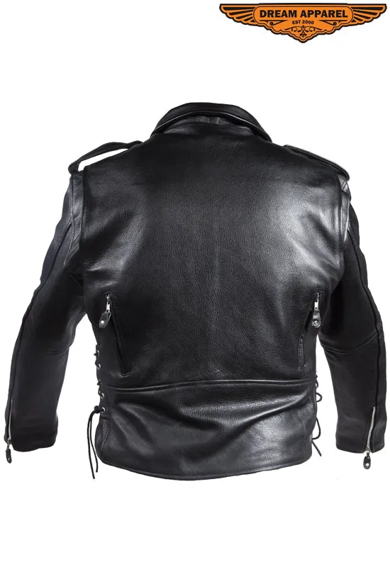 Mens Classic Police Style Motorcycle Jacket With Side Laces, Super soft Naked Cowhide Leather