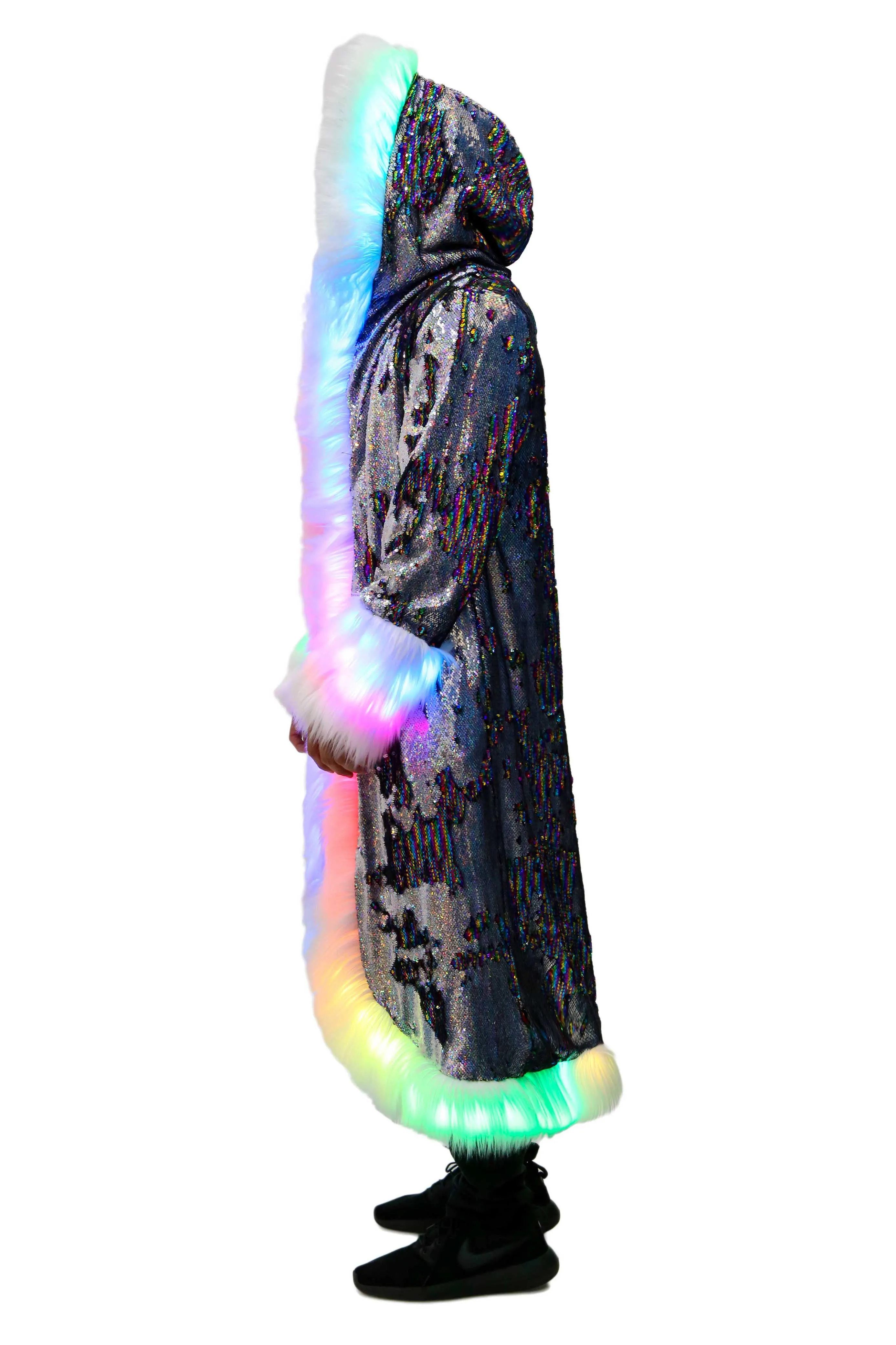 Men's LED Sequin King Coat in "Silver Hologram- Rainbow Stripe"