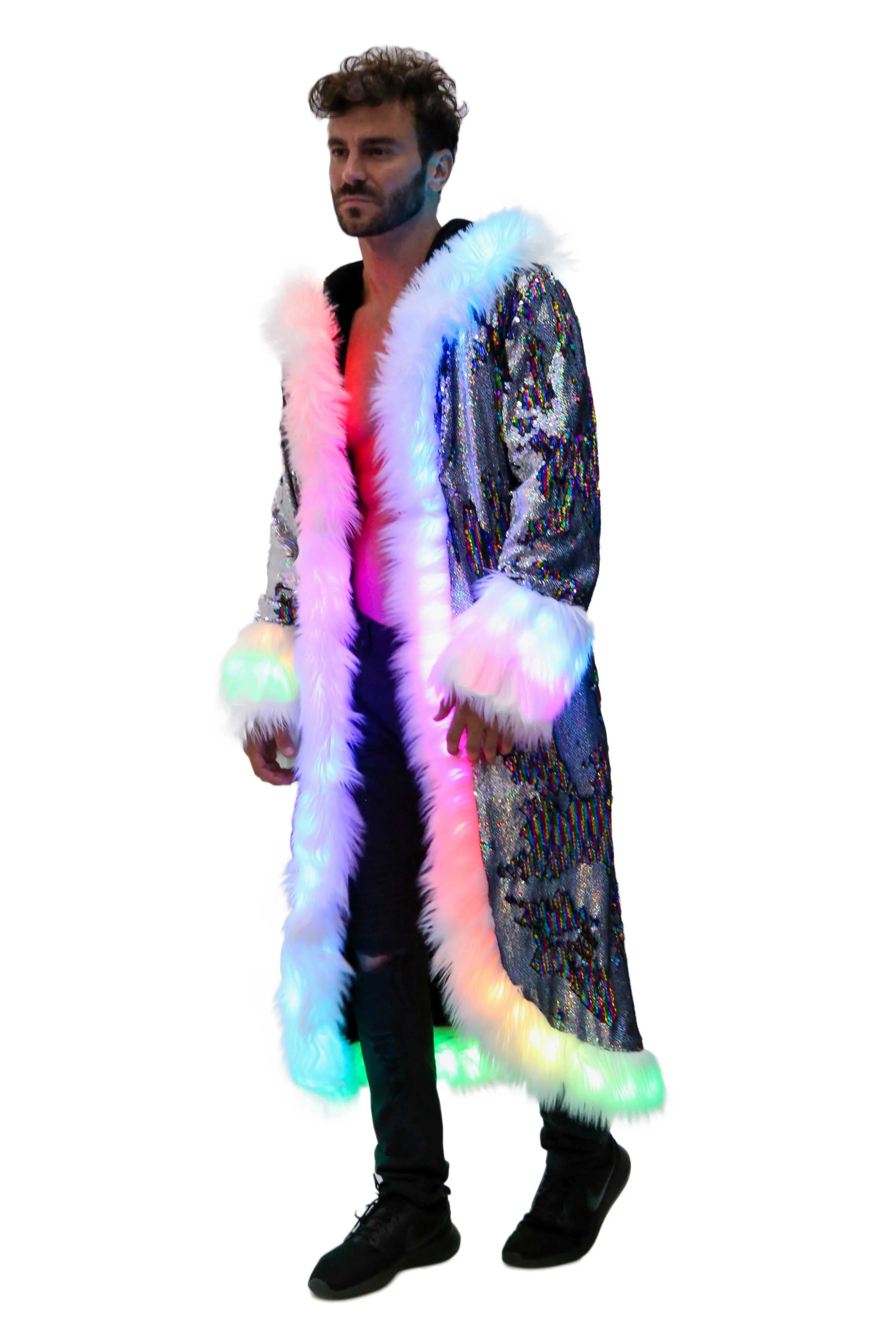 Men's LED Sequin King Coat in "Silver Hologram- Rainbow Stripe"