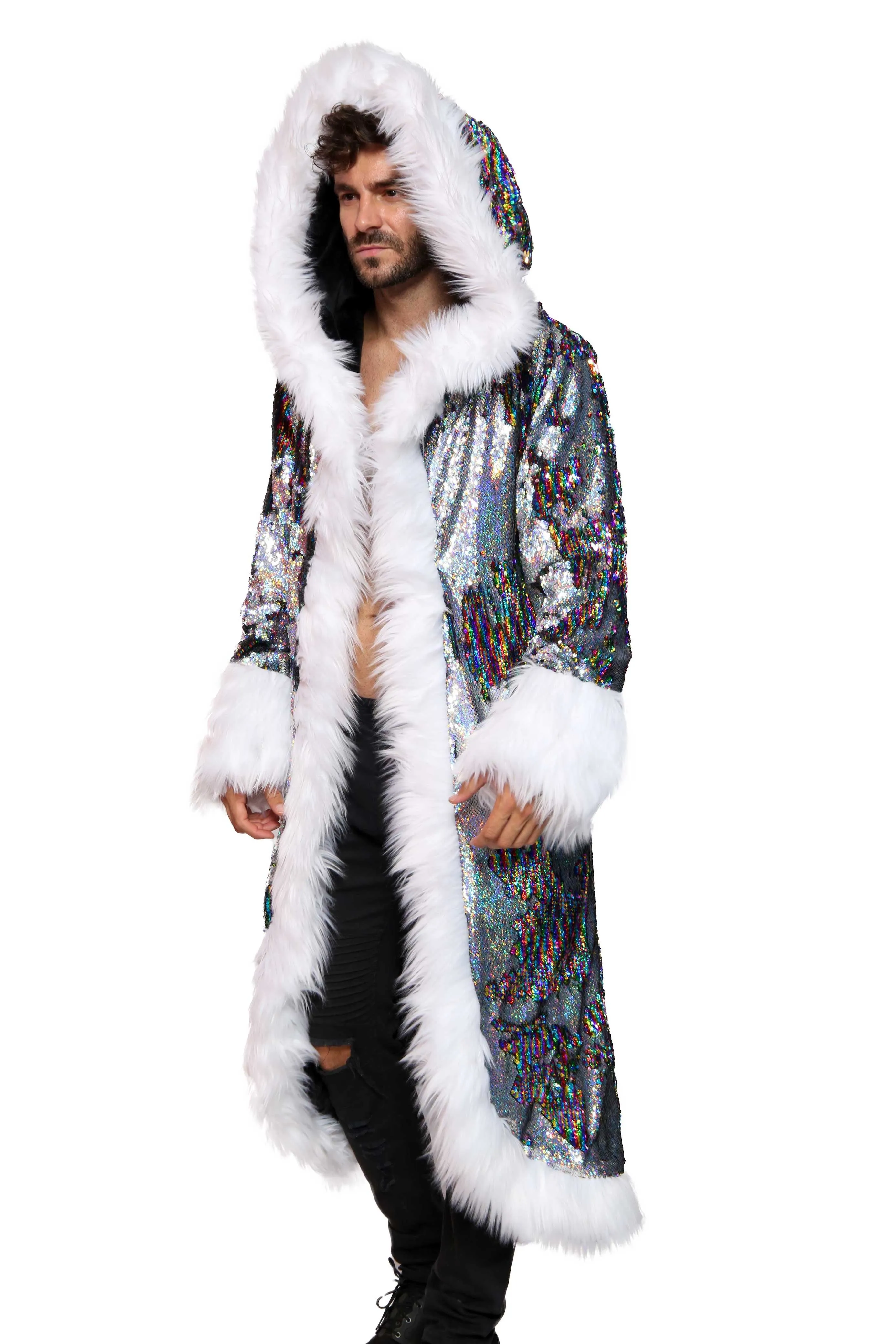 Men's LED Sequin King Coat in "Silver Hologram- Rainbow Stripe"