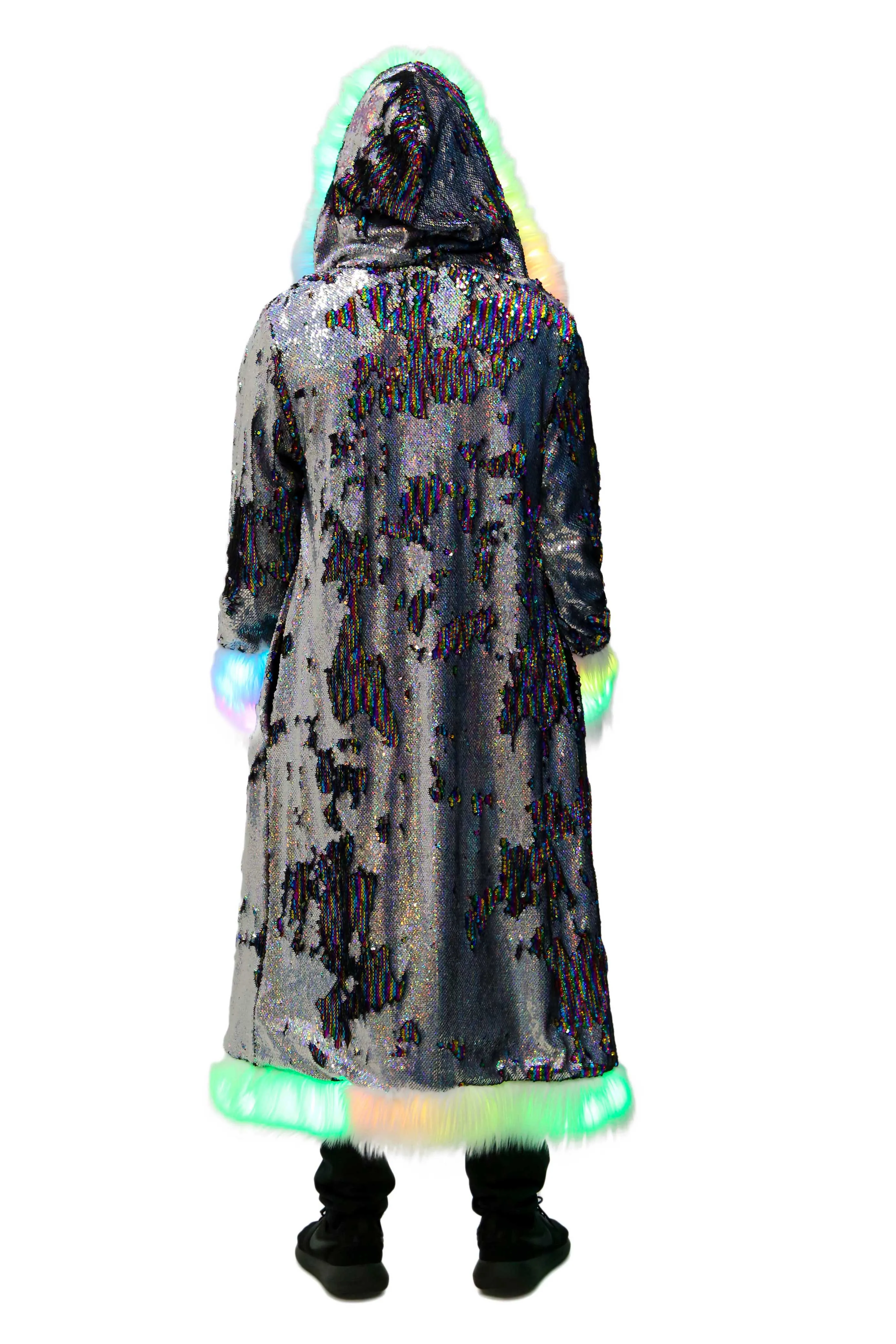 Men's LED Sequin King Coat in "Silver Hologram- Rainbow Stripe"